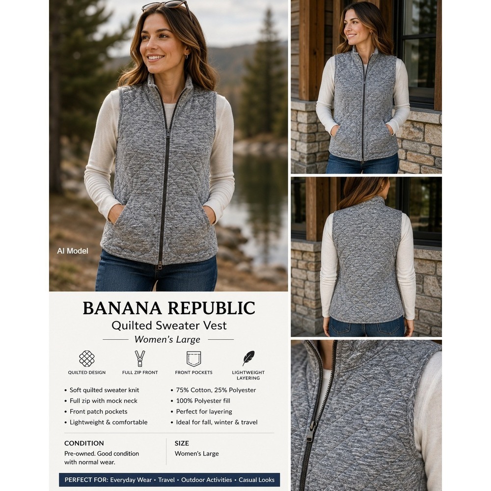 Banana Republic Quilted Vest Womens‎ Large Full Zip Layering Travel Outdoors